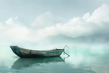 Foto op Plexiglas Cradle Mountain Serene Lake Waters Cradling a Lone Fishing Boat Banner