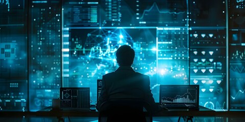 A man interacts with holographic stock market charts above a modern desk in a futuristic workspace. Concept Futuristic Workspace, Holographic Technology, Modern Desk, Stock Market Charts - obrazy, fototapety, plakaty