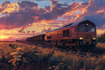 Glorious Sunset Journey: Majestic Train Ride Through Natures Canvas Banner - Powered by Adobe