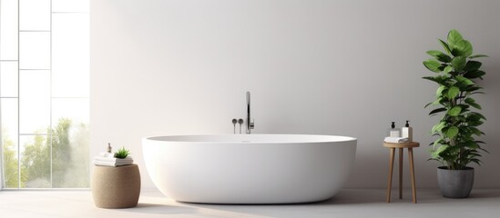 Fototapeta na wymiar A detailed view of a bathtub inside a modern white bathroom, accentuated with a lush green plant