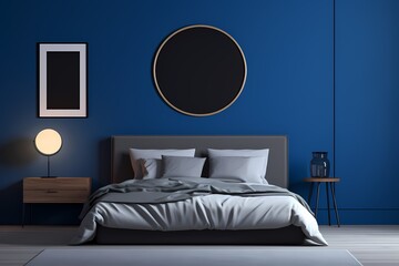 A sleek dark-themed bedroom with a dark bed, showcasing an empty mockup frame on a vibrant blue wall. 8k,