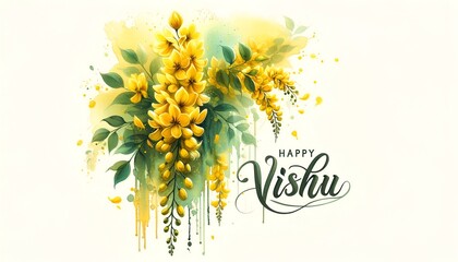 Happy vishu watercolor card illustration with golden shower flower. - obrazy, fototapety, plakaty