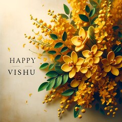 Happy vishu card illustration with yellow flowers.