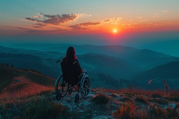 Woman in a wheelchair overlooking a mountainous landscape at sunset with vibrant skies - obrazy, fototapety, plakaty