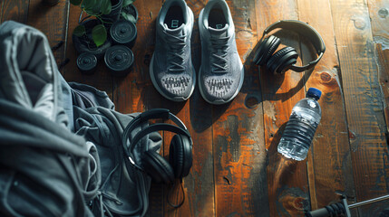 Flat lay of a summer workout kit with running shoes water bottle and headphones. - obrazy, fototapety, plakaty
