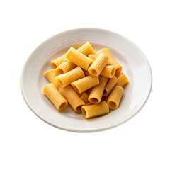 Rigatoni pasta in a white plate on transparent background.