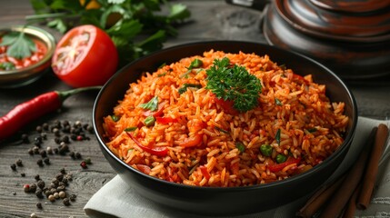 a real photo of traditional Nigerian food, , jollof rice, Made with rice, vegetables, and a harmonious blend of spices, natural day light
