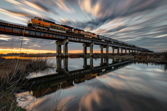 Stunning Locomotive Crossing Serene Lake at Sunset Banner