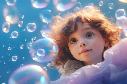 Little girl with red hair surrounded by bubbles