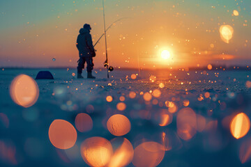 Serenity at Sunset: Solitary Ice Fishing Against a Glittering Frozen Canvas Banner