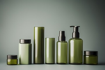 A set of high-quality skincare product bottles, neatly organized with copyspace on blank labels for personalized branding. (Replace green color). 8k,