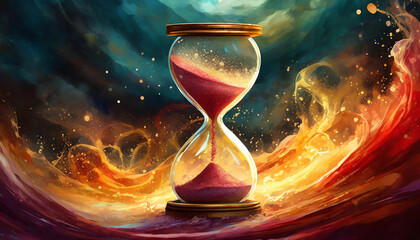 Hourglass with crimson red sand and chaotic background - obrazy, fototapety, plakaty