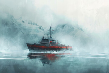 Icebreaker Vessel Forging Through Misty Arctic Waters - Frosty Expedition Banner - obrazy, fototapety, plakaty