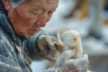 Artisan Craftsmanship: An Elderly Sculptor Perfecting Ivory Carvings Banner