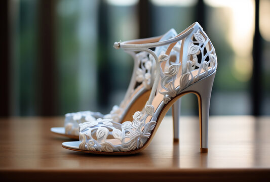 A pair of white high heeled shoes placed neatly on a wooden table.
