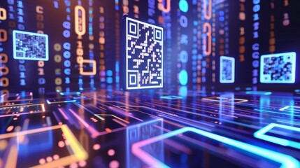 A dynamic digital representation of QR codes with glowing data streams on a circuit board, illustrating high-tech information transfer.. - obrazy, fototapety, plakaty
