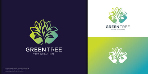 silhouette garden plant tree logo design inspiration, tree logo on negative space concept and colorful.