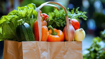 Fresh vegetables and green herbs in a paper shopping bag. Healthy eating concept, national nutrition month