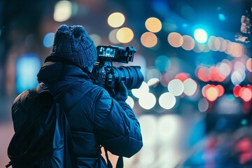 Winter Night Photography Session with Camera and Colorful Bokeh Lights Banner - obrazy, fototapety, plakaty