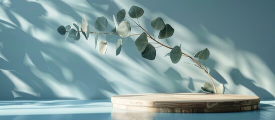 Wooden podium with eucalyptus leaves casting shadows on a blue background, designed as a stand for...