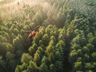 A helicopter is flying over a forest with trees. The helicopter is red and black. The forest is lush and green