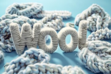 a sign that spells "Wool" surrounded by knitted wool