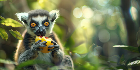 Enchanted Forest Feast: Curious Lemur Enjoys Juicy Fruit Delight - Natures Banner