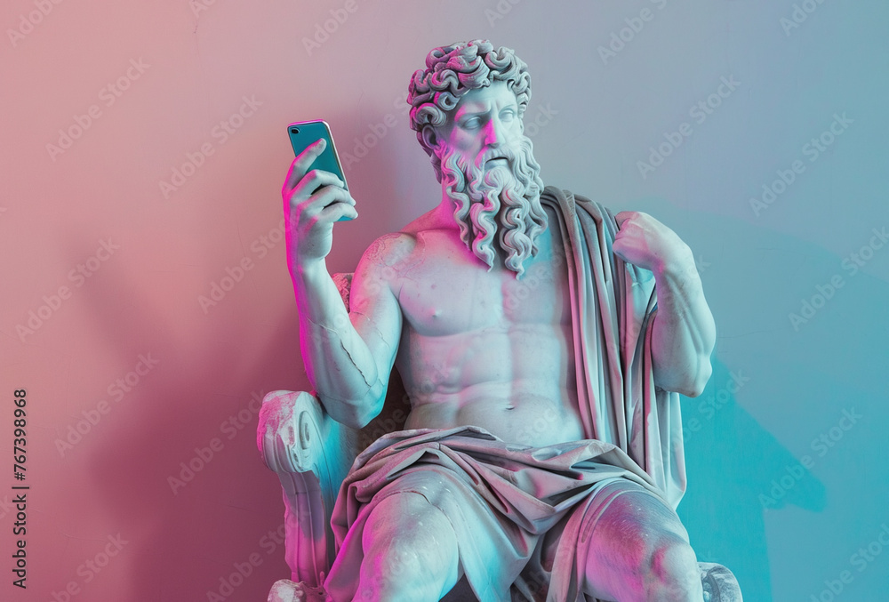 Wall mural ancient greek sculpture of a man using smartphone