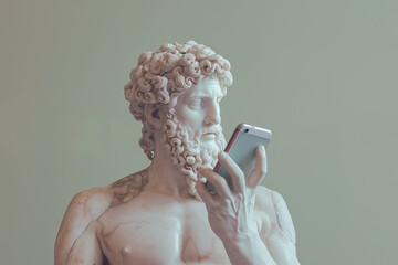 Ancient Greek sculpture of a man using smartphone - obrazy, fototapety, plakaty