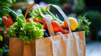 Fresh vegetables and green herbs in a paper shopping bag. Healthy eating concept, national nutrition month