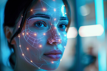 Close-up of a woman's face illuminated by biometric facial recognition mapping points, showcasing modern identification technology. - obrazy, fototapety, plakaty