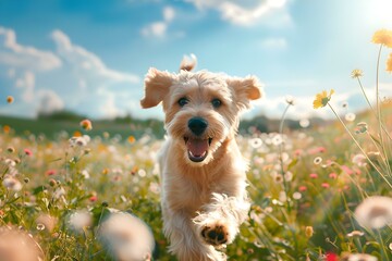 A happy dog frolicking in a blossoming meadow on a sunny day. Concept Dog Photography, Nature Setting, Sunny Day, Playful Poses, Blossoming Meadow