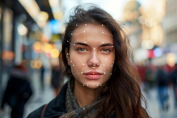 Outdoor portrait of a young woman with facial recognition digital overlay, highlighting contemporary identity verification technology in urban setting..