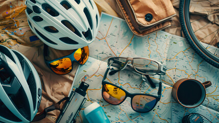 Flat lay of summer cycling gear including helmet sunglasses and map.