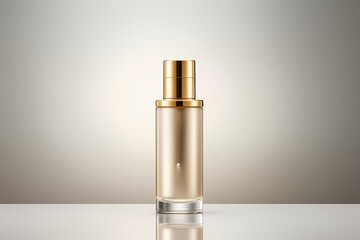 A modern skincare product bottle in a sophisticated gold color, arranged neatly with copyspace on a...