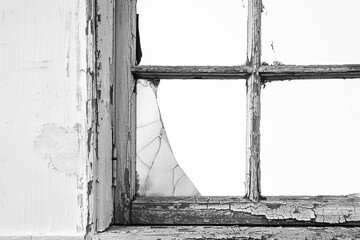 A close-up of an old window, its weathered frame and cracked glass standing out starkly against a pure white background