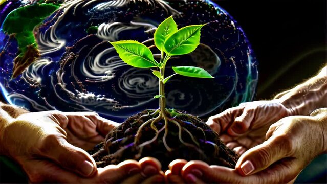 Hands cradling a young plant before a vibrant illustration of Earth, depicting nurturing and environmental responsibility.