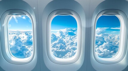 Vibrant Blue Skies and Cumulus Clouds through an Airplane Window