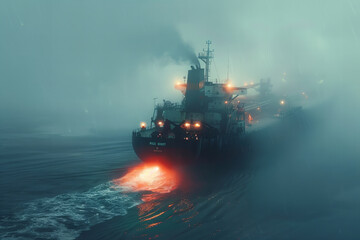 Naklejka premium Mysterious Fog-Enshrouded Vessel Braving the Ominous Seas at Night Banner