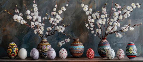 Fototapeta premium Paschal-themed still life featuring Pysanky Easter eggs and pussy willow branches. The Easter eggs are adorned using the traditional wax resist method typical in Eastern European traditions.