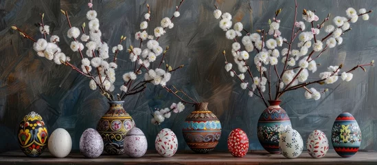 Foto op Plexiglas Paschal-themed still life featuring Pysanky Easter eggs and pussy willow branches. The Easter eggs are adorned using the traditional wax resist method typical in Eastern European traditions. © Vusal