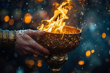A bowl of fire is in the hands of a man and sparks from the fire scatter around.
Concept: religion and festive events, cultural and spiritual rituals. ideas of inspiration and creativity. - obrazy, fototapety, plakaty
