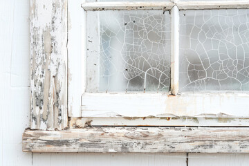 A close-up of an old window, its worn wood and faded glass contrasting sharply with the clean white background