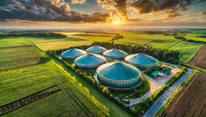 Bio gas factory. Sustainable production of biofuel. Modern plant. Aerial view on the modern biofuel factory. View from above