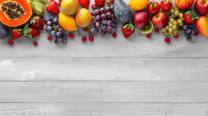 a colorful array of fruits along the upper border, contrasted against a light gray wooden backdrop, while leaving the lower portion blank to accommodate text or design elements. - obrazy, fototapety, plakaty