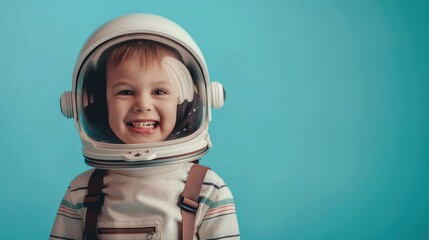 Portrait of a smiling little boy in a spacesuit on a blue background with copy space. International Day of Human Space Flight