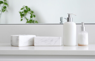 Fototapeta premium Soap, shampoo bottles on white marble sink shelf in light bathro