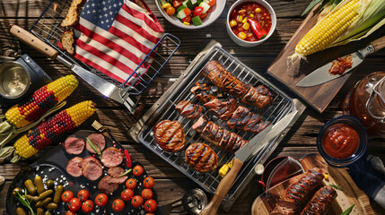 Fourth of July barbecue setup flat lay with grilling tools meats and corn on the cob. - obrazy, fototapety, plakaty