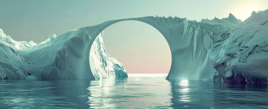 Watery valley with an abstract mountain, in the style of arched doorways, calm sea and sky, odd juxtapositions, beautiful mind bending illusions, optical illusions.