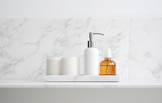 Soap, shampoo bottles on white marble sink shelf in light bathro